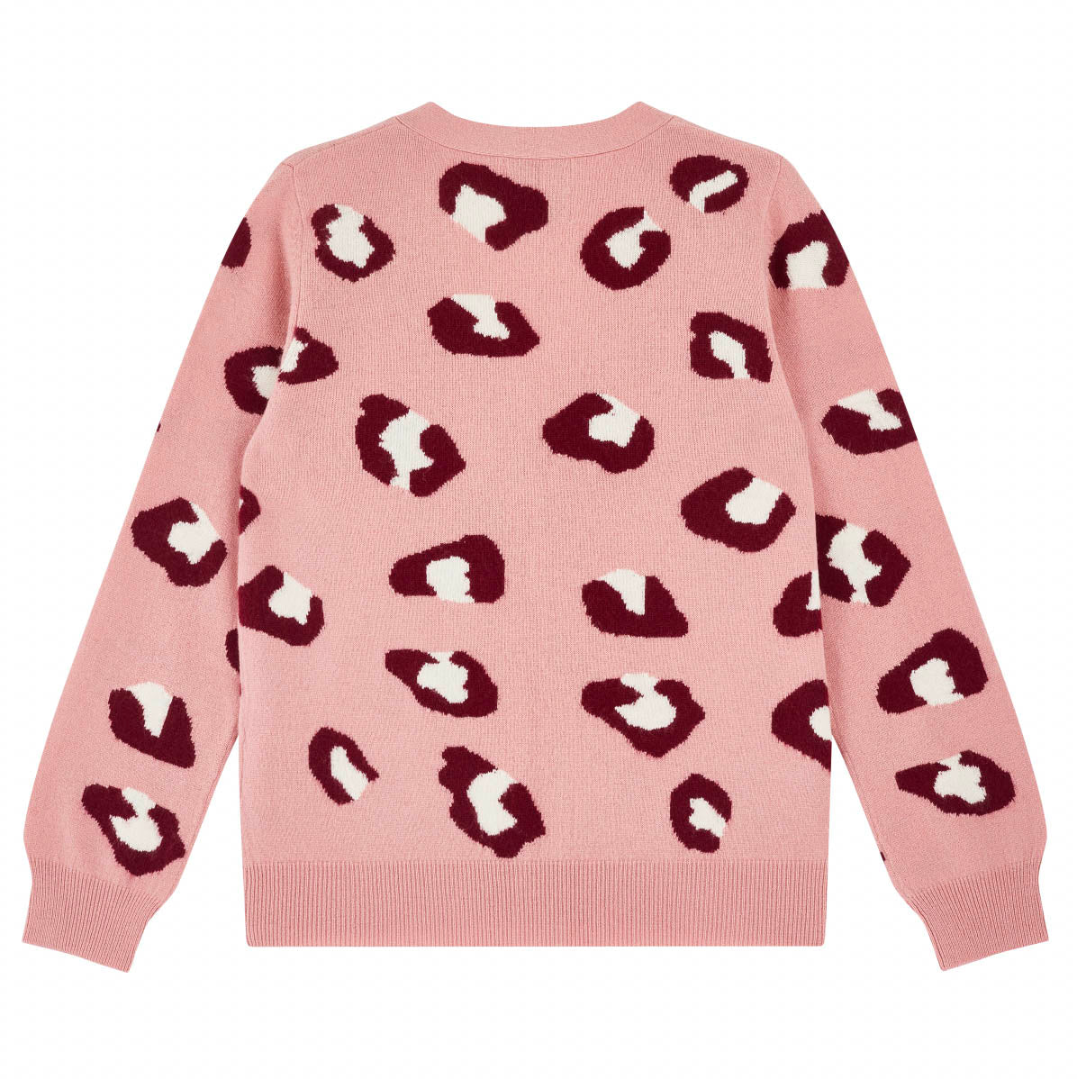 Jumper1234 pink cashmere vee neck cardigan with burgundy and cream leopard intarsia back shot