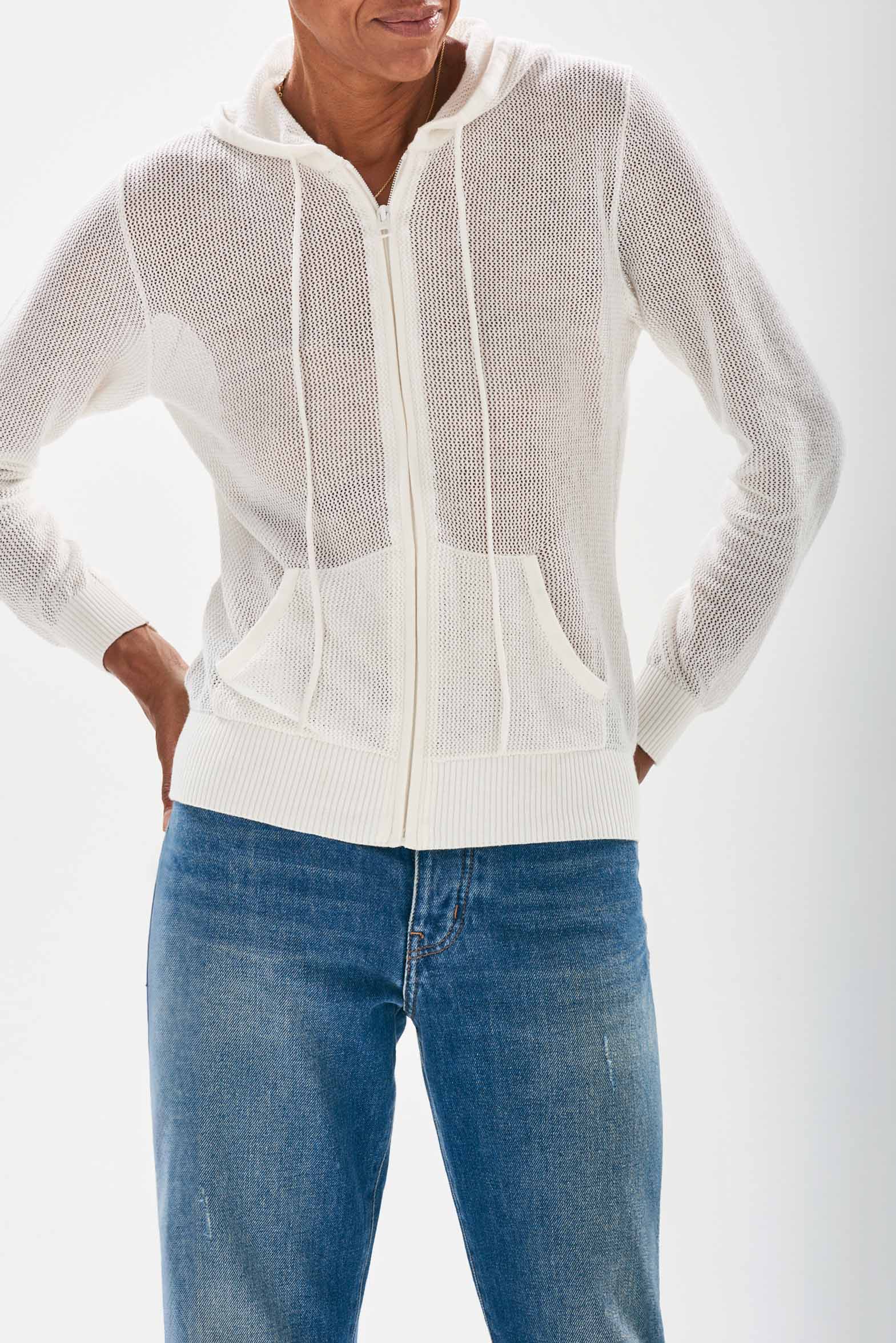 Model wearing Jumper 1234 cotton and cashmere White 'holey' zip up hoodie