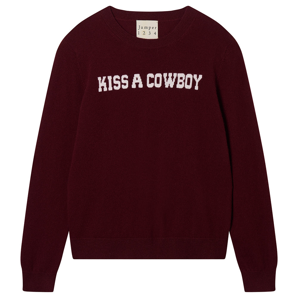 Burgundy cashmere/wool jumper with 'KISS A COWBOY' cream text intarsia