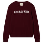 Burgundy cashmere/wool jumper with 'KISS A COWBOY' cream text intarsia