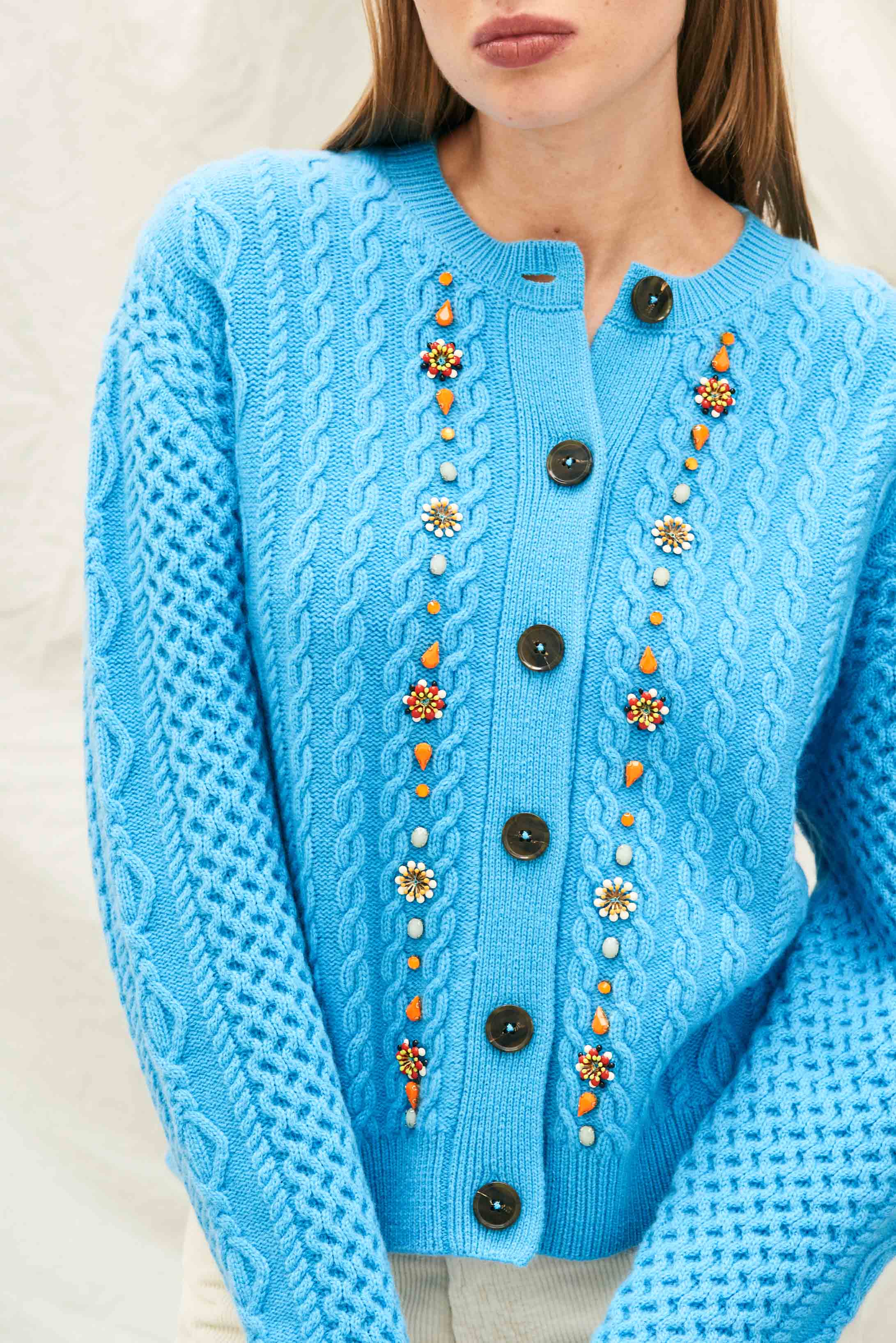 Jewel changes ニットガウン Jumper 1234 Cashmere Wool Jewel Cable Cardigan in Stone