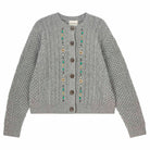 Jumper 1234 Heavier weight cashmere and wool mid grey crew neck Aran cardigan adorned with a wonderful mix of jewels and beaded flowers.