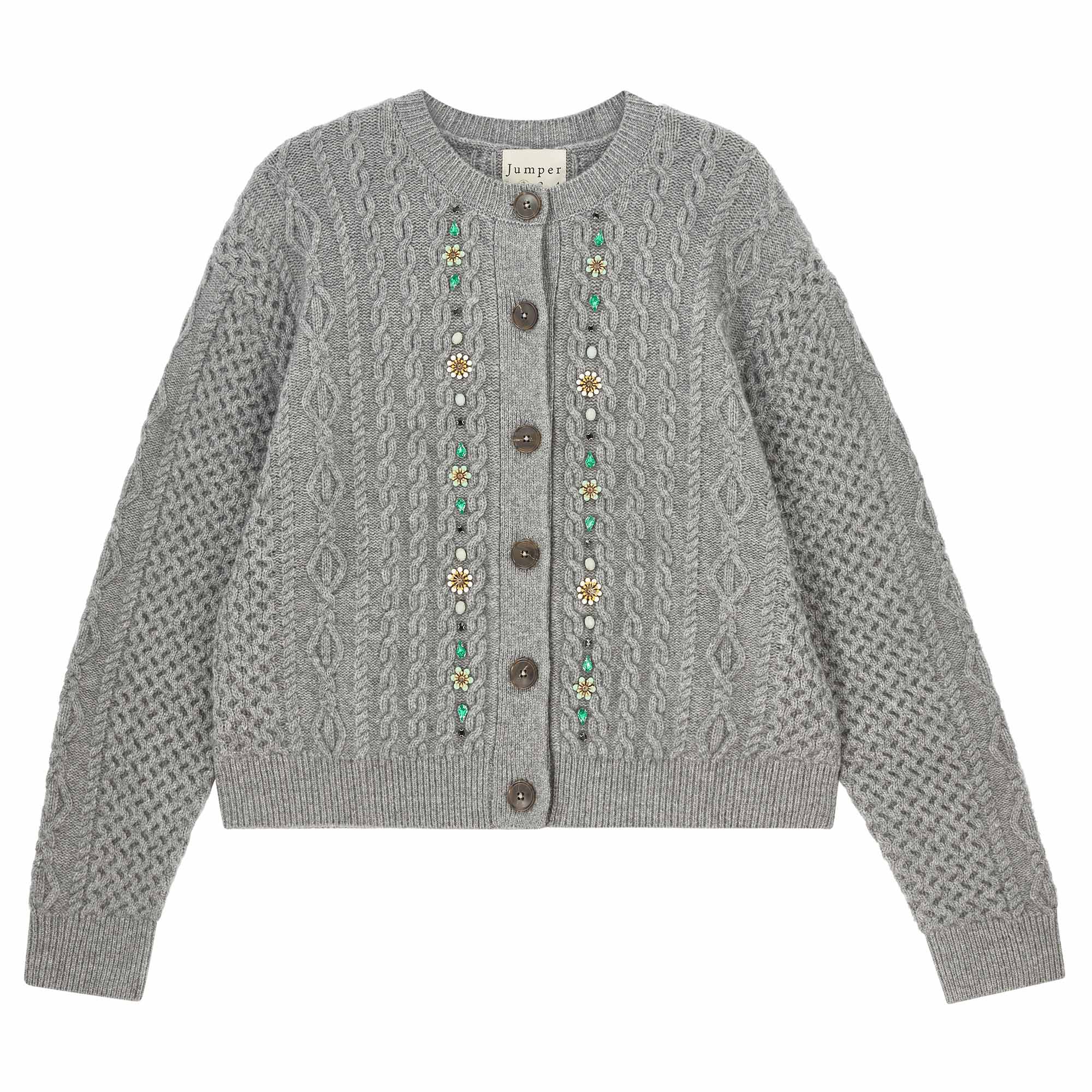 Jumper 1234 Heavier weight cashmere and wool mid grey crew neck Aran cardigan adorned with a wonderful mix of jewels and beaded flowers.