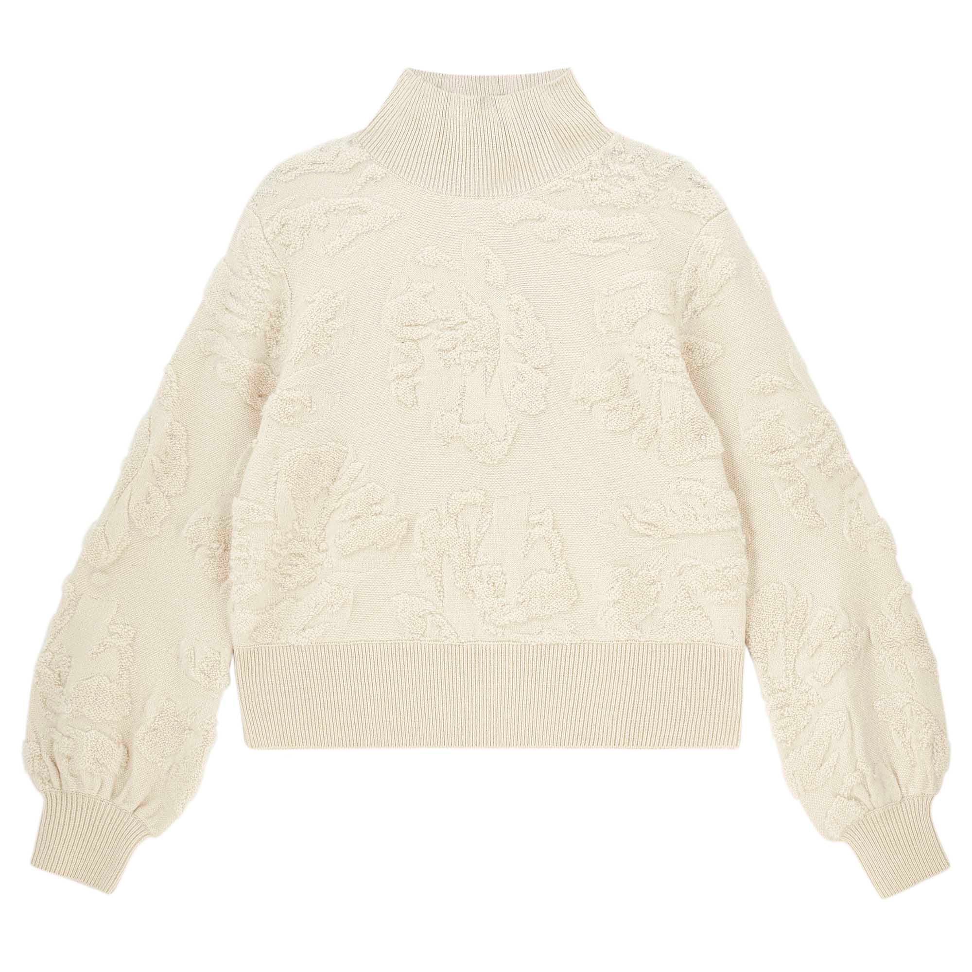 Jumper 1234 Cashmere turtle neck jumper in stone, with all over 3d floral jacquard pattern with balloon sleeves 