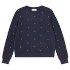 Jumper 1234 Cashmere navy pointelle crew neck with all over little red 3d flowers. 