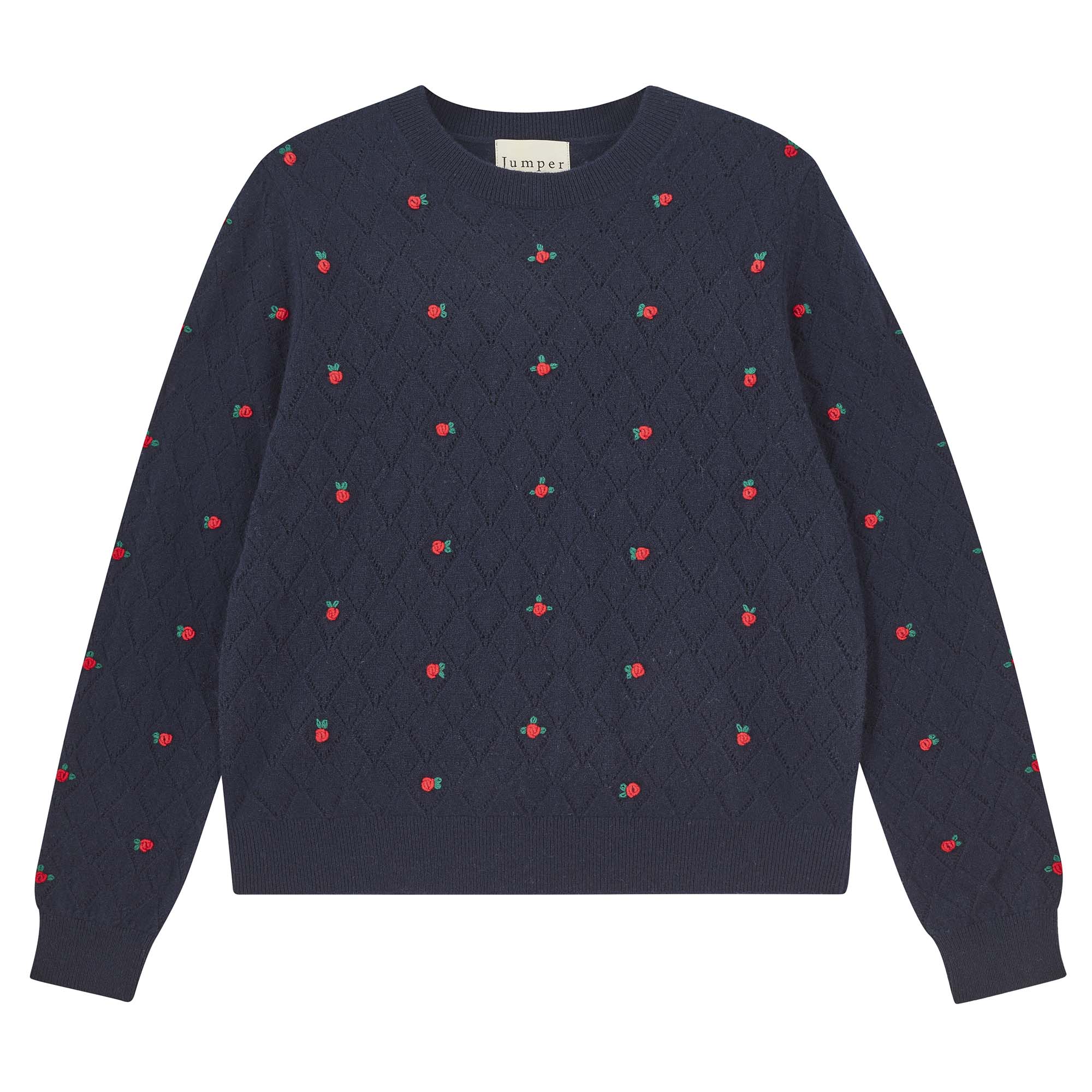 Jumper 1234 Cashmere navy pointelle crew neck with all over little red 3d flowers. 