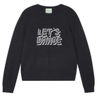 Jumper 1234 Black crew neck cashmere and wool jumper, with 'Let's Dance' intarsia in mid grey and silver.