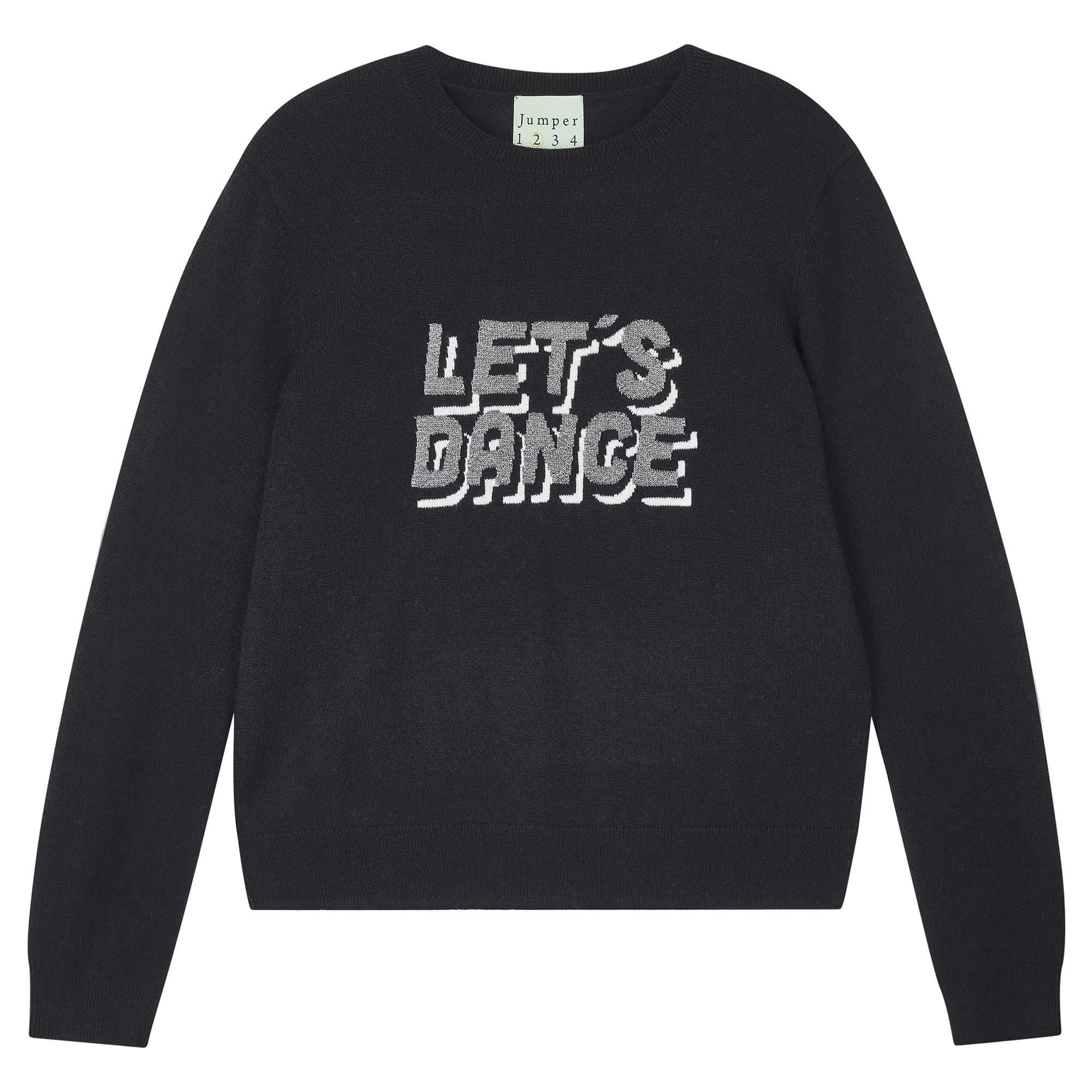Jumper 1234 Black crew neck cashmere and wool jumper, with 'Let's Dance' intarsia in mid grey and silver.