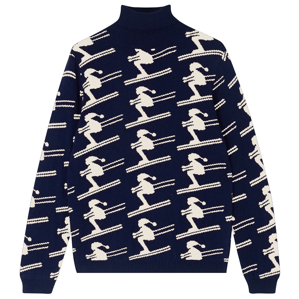 Jumper1234 navy cashmere and wool roll neck with all over cream jacquard skier