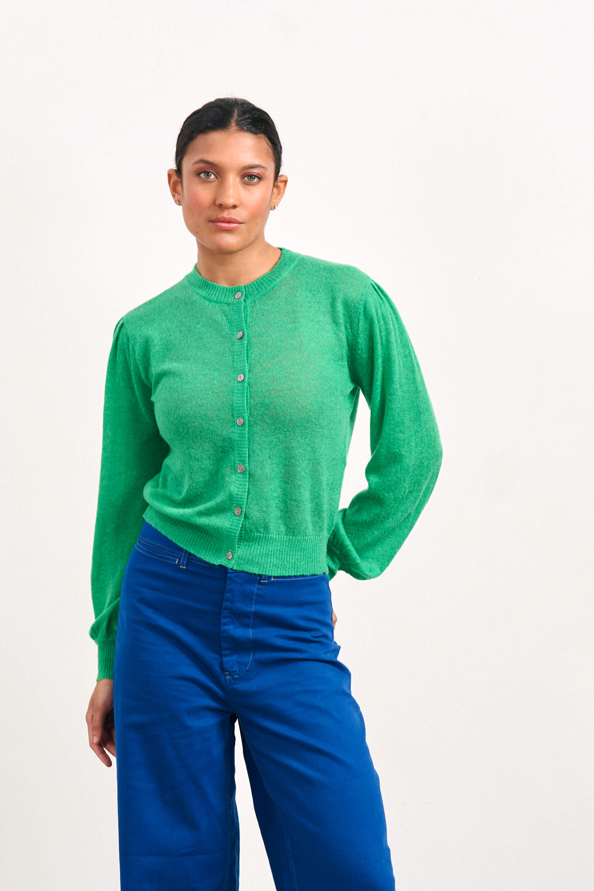 Puff Sleeve Cardigan in Bright Green Merino Alpaca Jumper 1234