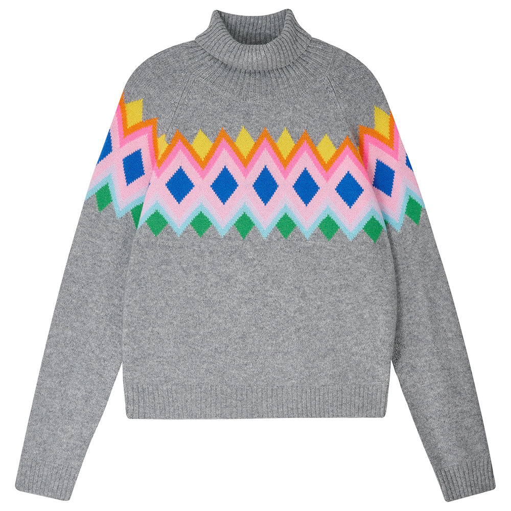 Jumper 1234 mid grey heavier weight cashmere roll neck, with an intarsia Fairisle panel back and front in a fabulous combination of bright colours