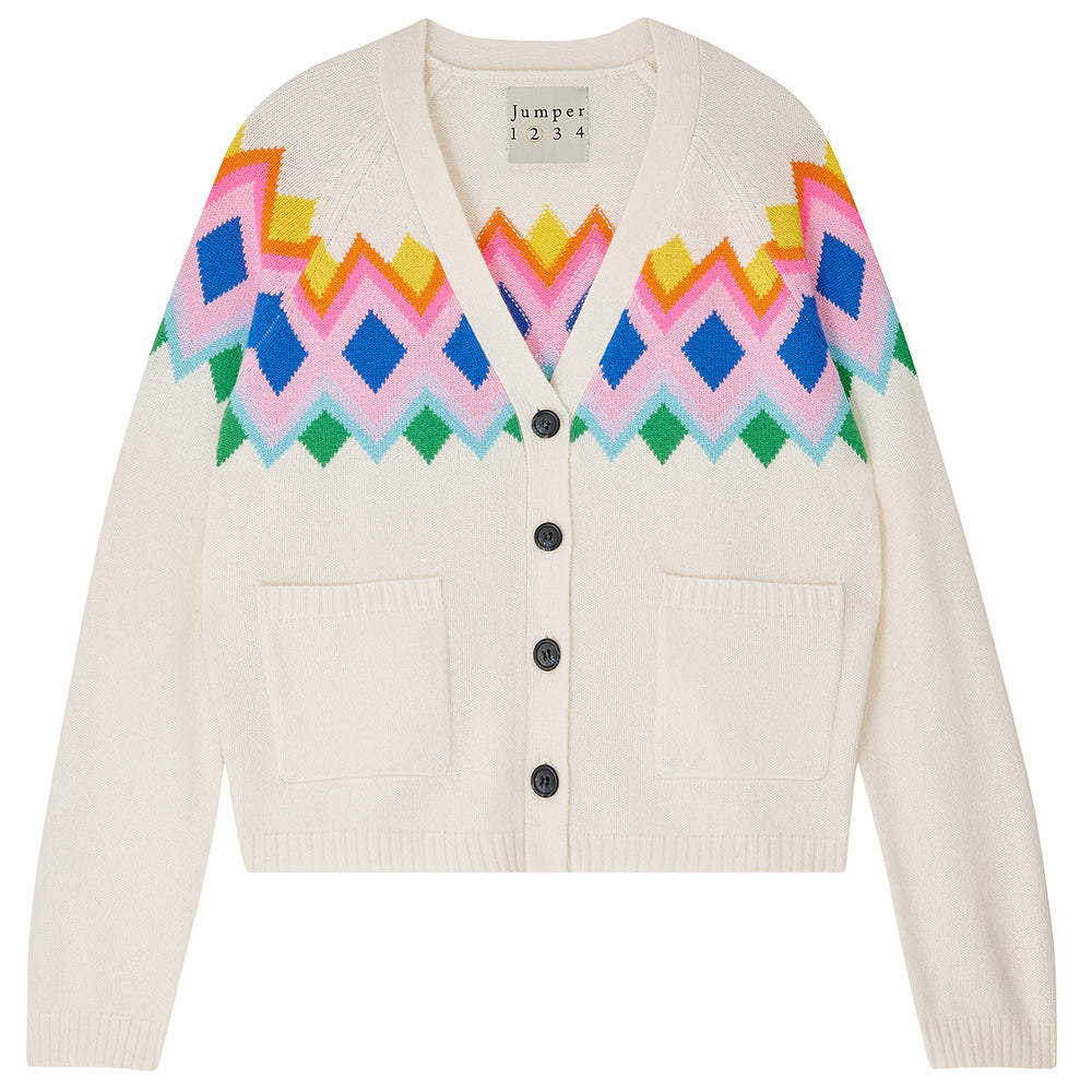 Jumper 1234 cream heavier weight cashmere vee neck, raglan sleeve cardigan with an intarsia Fairisle panel back and front in a fabulous combination of bright colours. 