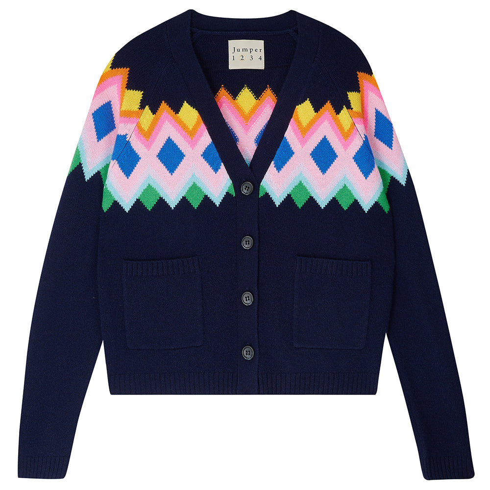 Jumper 1234 navy heavier weight cashmere vee neck, raglan sleeve cardigan with an intarsia Fairisle panel back and front in a fabulous combination of bright colours