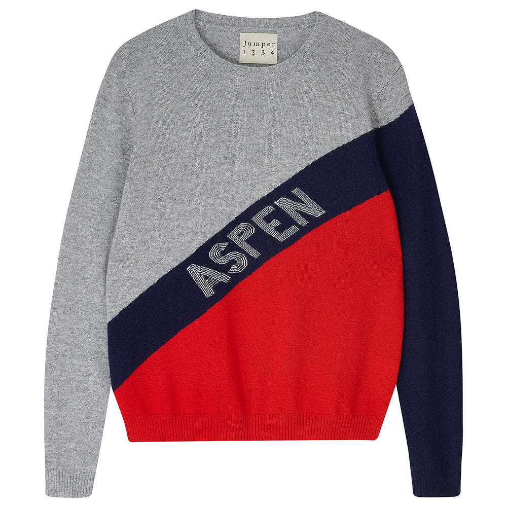 Jumper1234 red, grey and navy colour block cashmere crew with cream "aspen" text diagonally across the chest