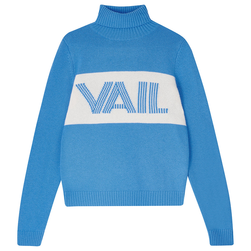 Jumper 1234 sky blue heavier weight roll neck cashmere and wool jumper with a cream panel and 'Vail' intarsia in sky blue