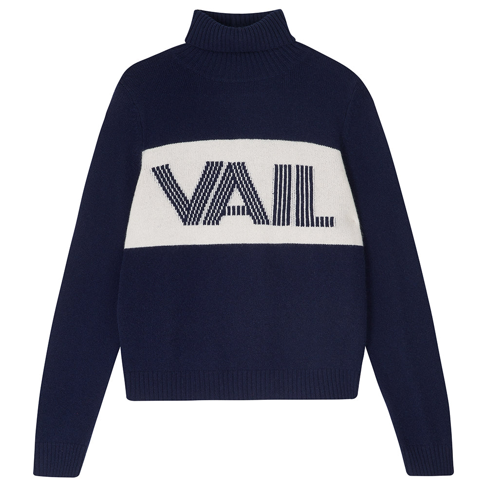 Jumper 1234 navy heavier weight roll neck cashmere and wool jumper with a cream panel and 'Vail' intarsia in navy