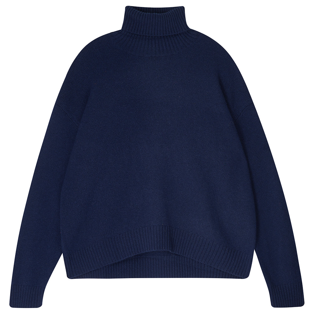 Jumper 1234 navy heavier weight roll neck jumper in our cashmere and wool blend, with stop and go intarsias on the elbows