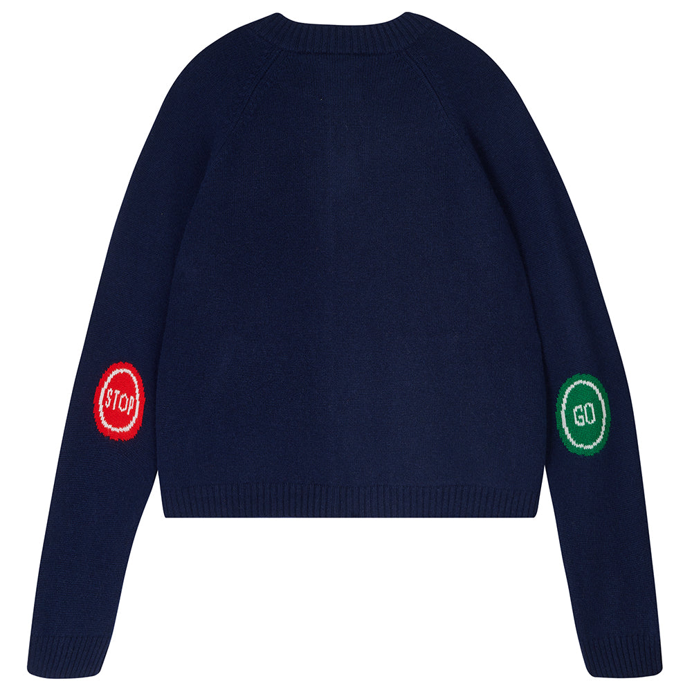 Jumper 1234 navy heavier weight round neck cardigan in our cashmere and wool blend with stop and go intarsias on the elbows