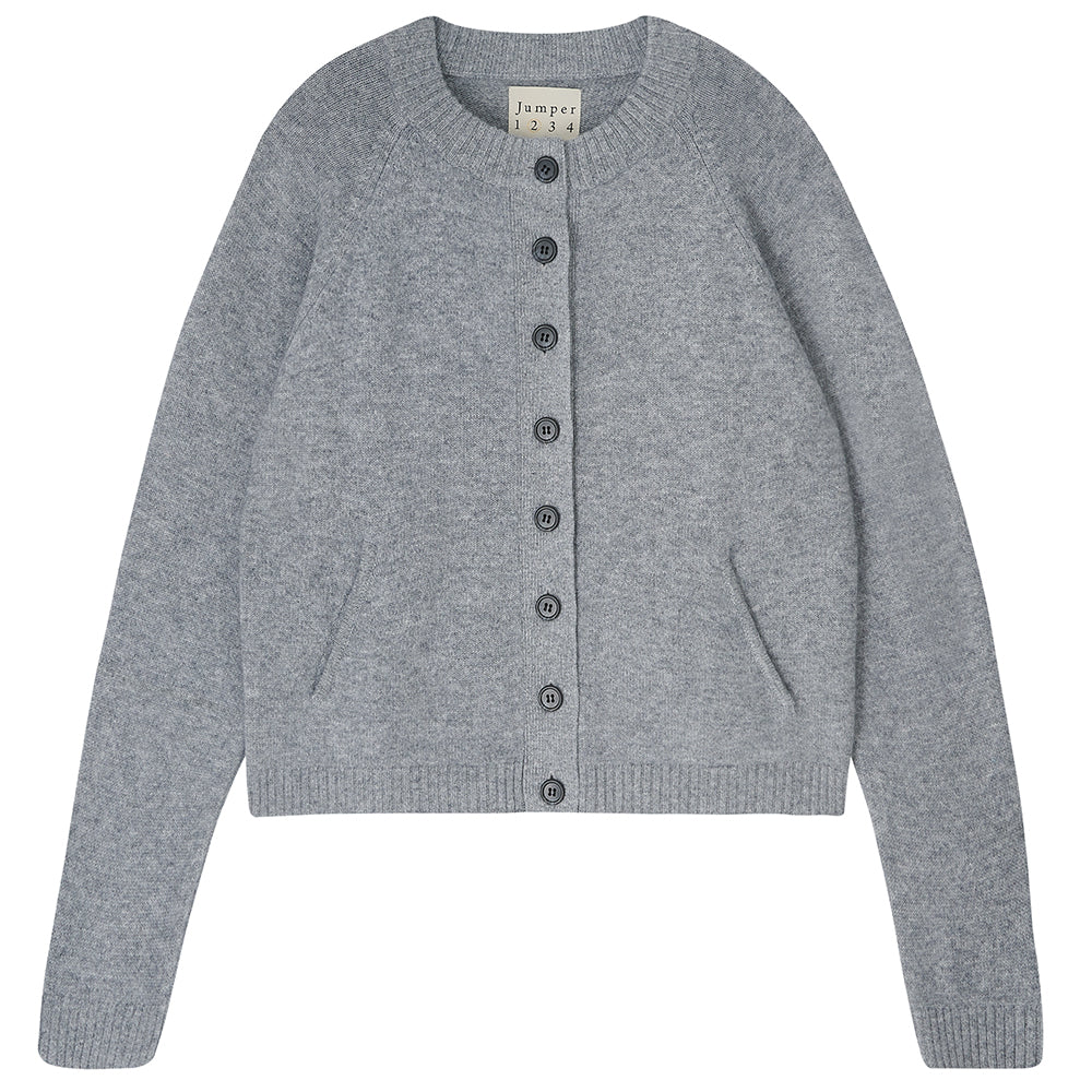 Jumper 1234 mid grey heavier weight round neck cardigan in our cashmere and wool blend with stop and go intarsias on the elbows