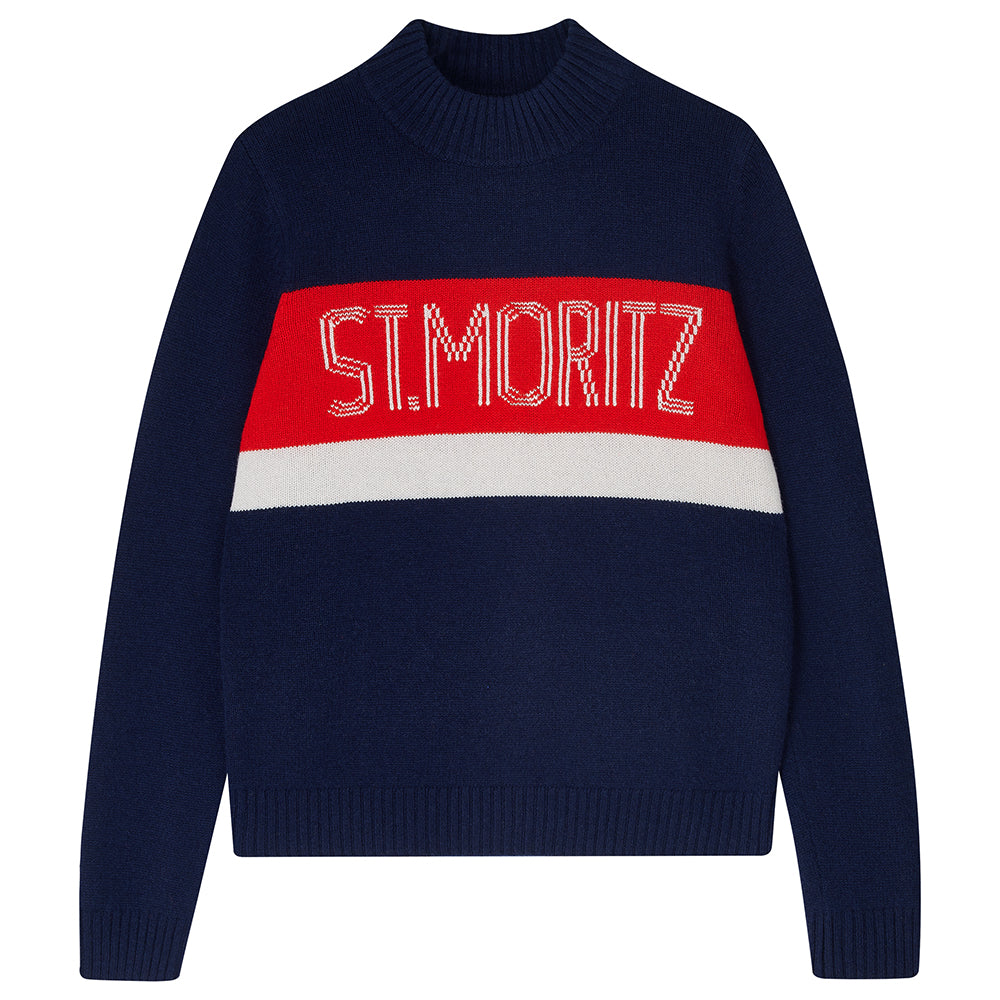 Jumper 1234 navy turtle neck jumper in our cashmere and wool blend with St. Moritz intarsia in red and white
