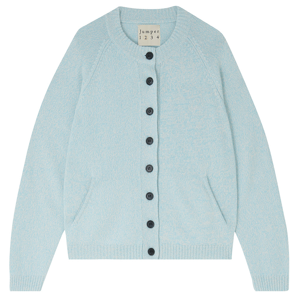 Jumper 1234 cashmere and wool heavier weight round neck cardigan in ice blue marl