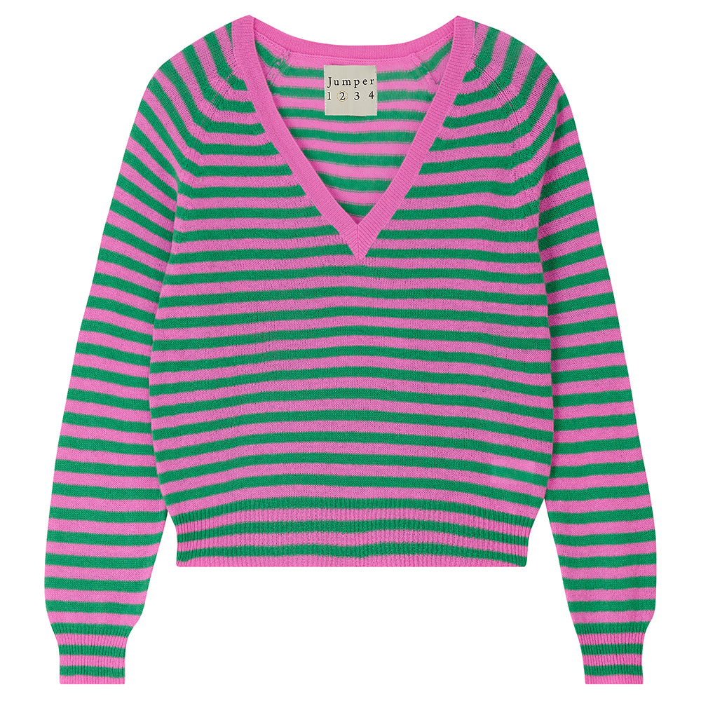 Jumper1234 Peony and bright green narrow stripe lighter weight vee neck cashmere jumper