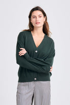 Brown haired female model wearing Jumper1234 Oversize cashmere vee neck cardigan in khaki