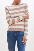 Model wearing Jumper1234 cashmere stripe crew neck in organic light brown and cream