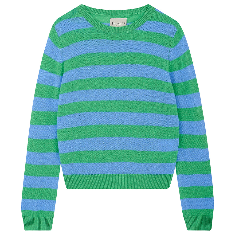 Jumper 1234  lightweight cashmere stripe crew neck in green and blue. 