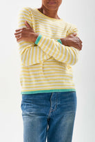 Model wearing Jumper 1234 cashmere little stripe crew with lemon and cream stripes and a contrast mint tipping