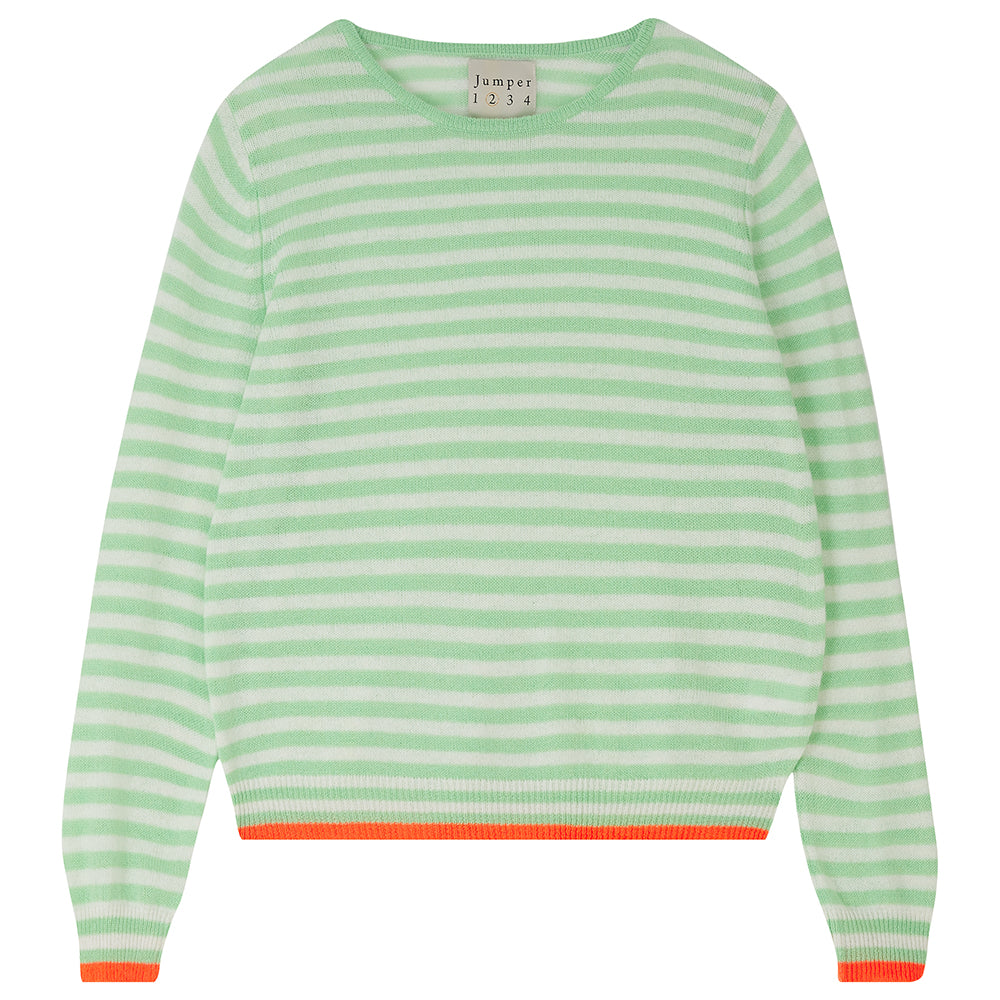 Jumper1234 Little stripe cashmere crew neck jumper in lime green and cream, with neon orange tipped ribs