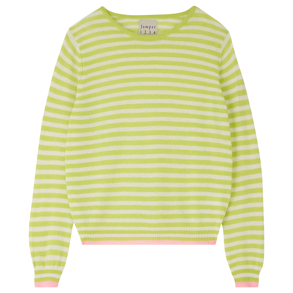 Jumper1234 Little stripe cashmere crew neck jumper in acid green and cream, with pale pink tipped ribs