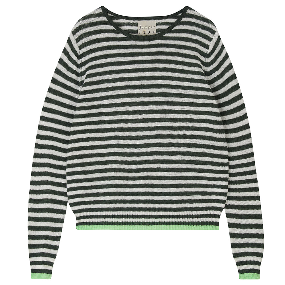 Jumper1234 Little stripe cashmere crew neck jumper in khaki and cream, with lime green tipped ribs