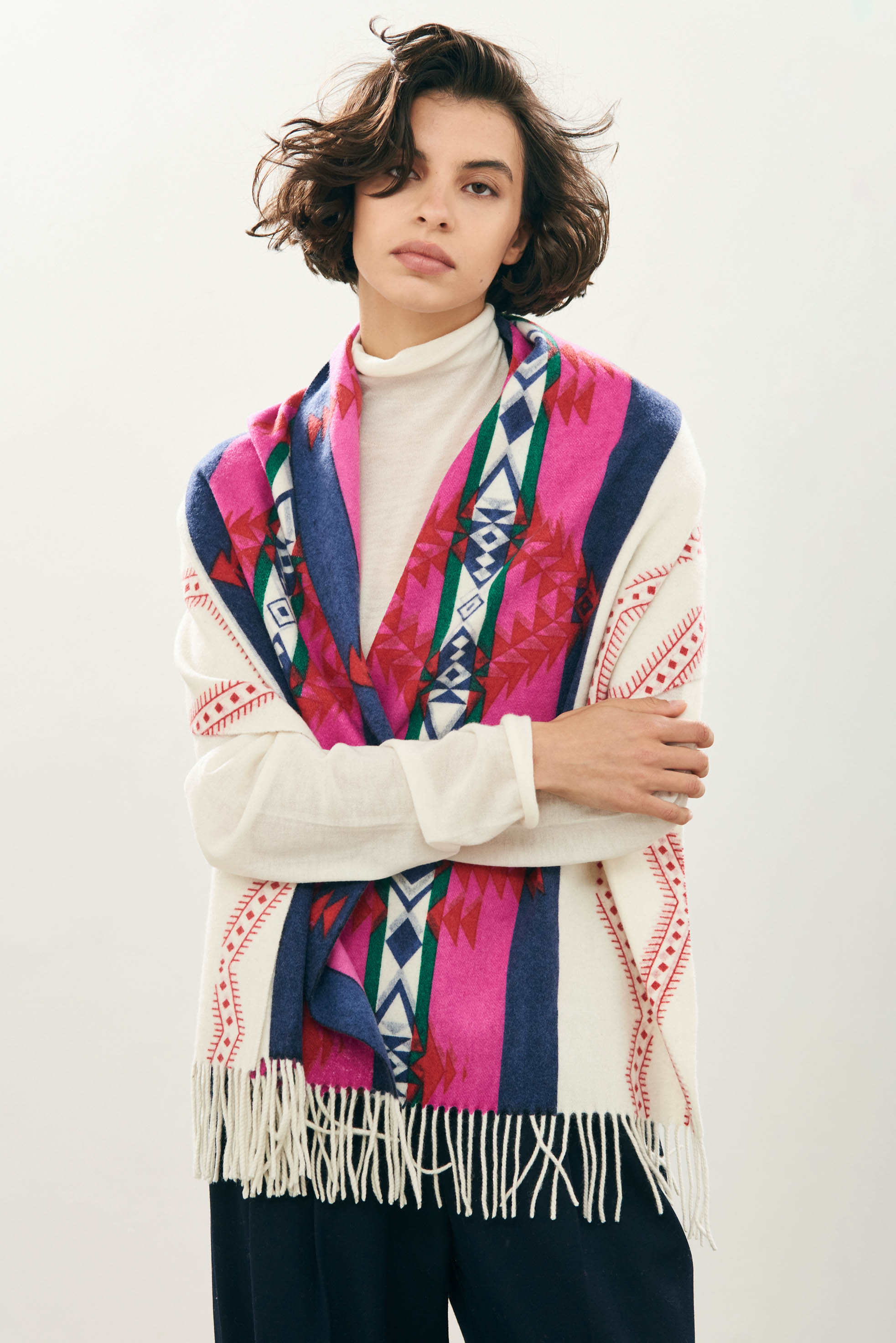 Stripe Wool Blanket Scarf Aztec Style Print Pink Cream Jumper 1234