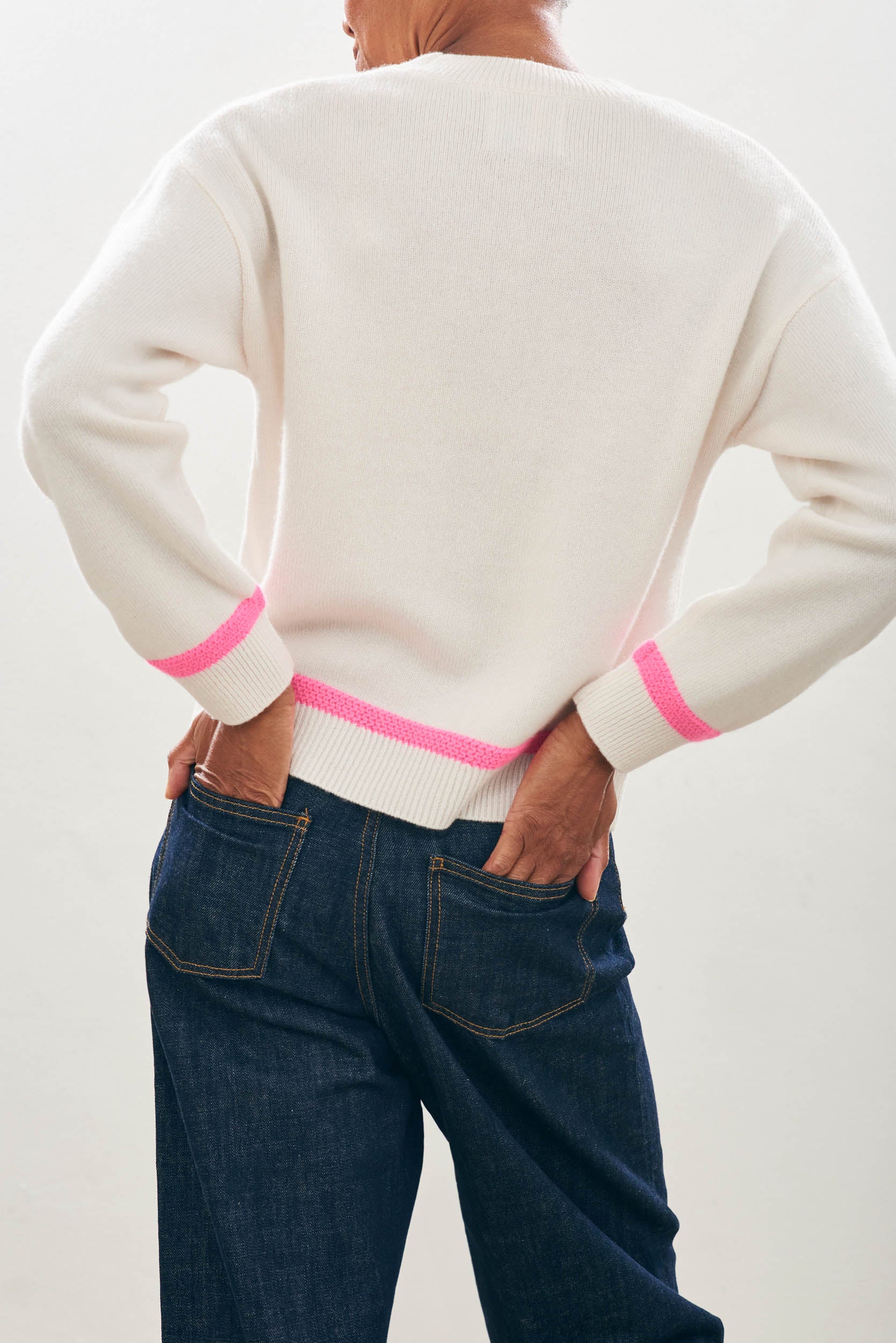 Cashmere Wool Heavy Trim Crew in Cream and Neon Pink