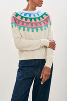 Female model wearing Jumper1234 Cashmere Rick Rack yolk Crew in Cream