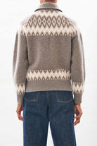 female model wearing jumper1234 Cashmere Wool Ski Zip Up in Moose backshot
