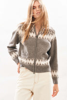 female model wearing jumper1234 Cashmere Wool Ski Zip Up in Moose facing towards the camera