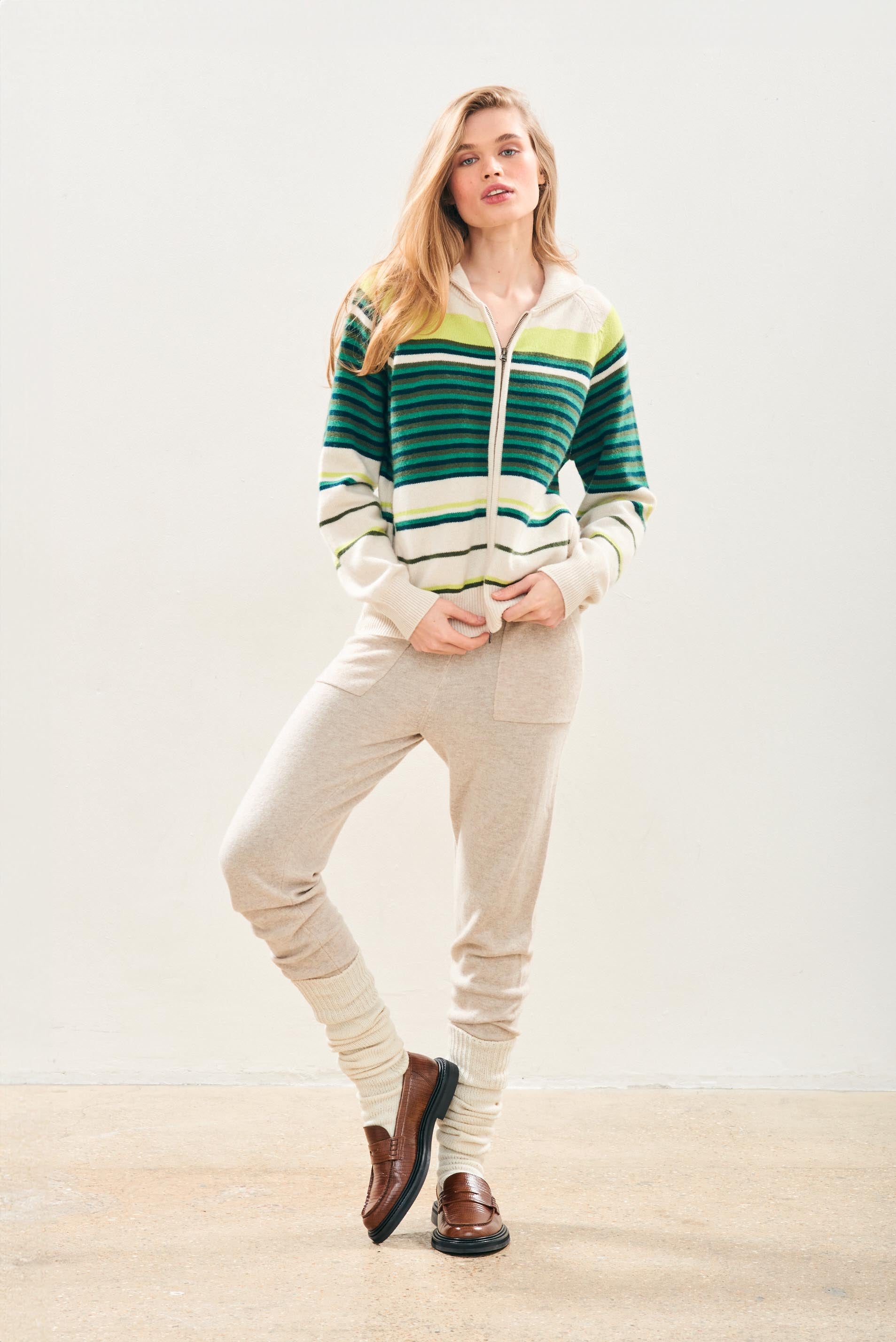 Cashmere Multi Stripe Zip Up Cardigan in Green & Oatmeal