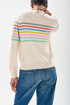 Jumper 1234 cream cashmere crew neck jumper with multi colour stripe block, with a lovely button detail at the back neck facing away from the camera