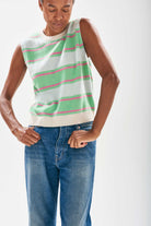 Model wearing Jumper1234 Deckchair stripe tank. Pale green and apple striped cashmere crew neck tank with oatmeal ribs and a narrow pink stripe too.