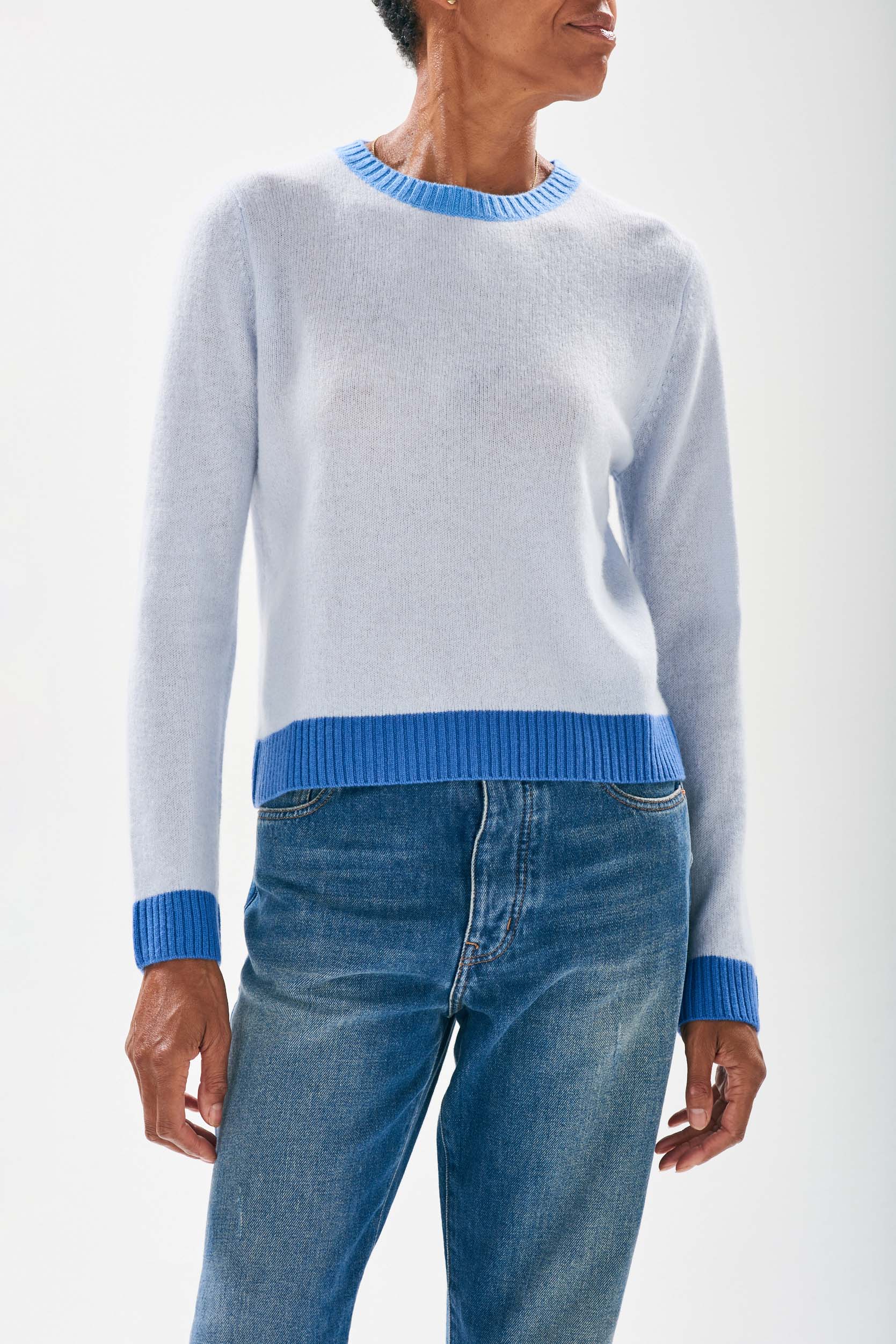 Model wearing Jumper1234 Pale blue cashmere crew neck jumper with contrast ribs in sky and cornflower