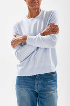 Model wearing Jumper1234 Pale blue cashmere crew neck with 'distressed' ribs