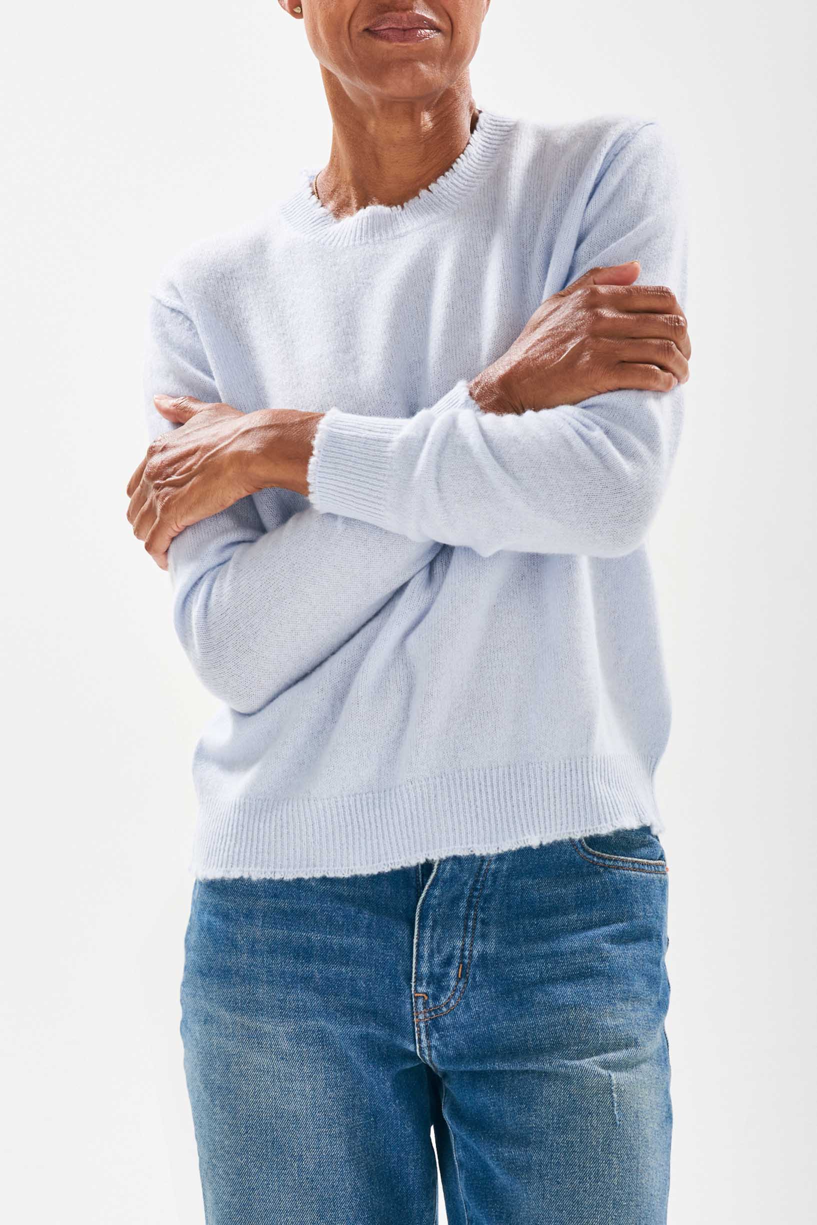 Model wearing Jumper1234 Pale blue cashmere crew neck with 'distressed' ribs