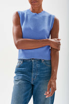 Model wearing Jumper1234 Cornflower blue cashmere crew neck tank with 'distressed' ribs