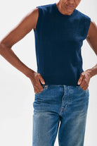 Model wearing Jumper1234 Navy cashmere crew neck tank with 'distressed' ribs