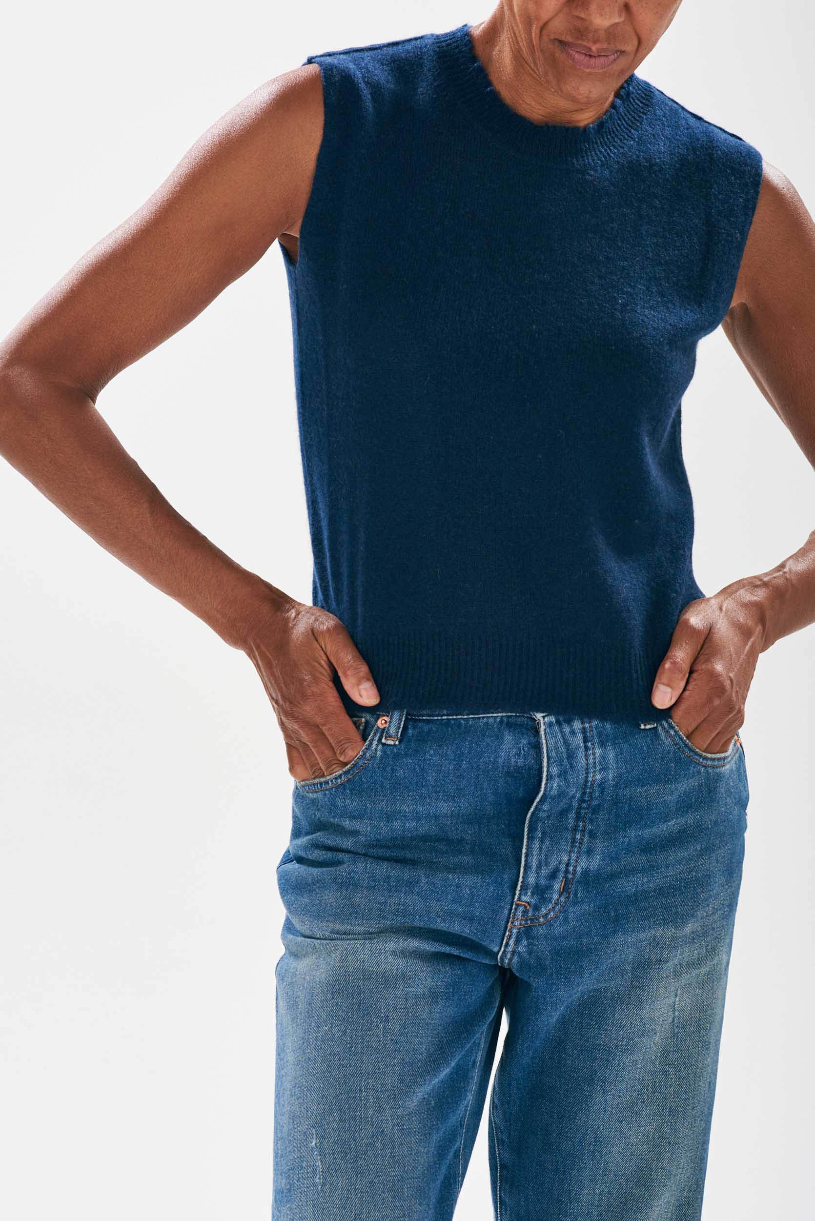 Model wearing Jumper1234 Navy cashmere crew neck tank with 'distressed' ribs