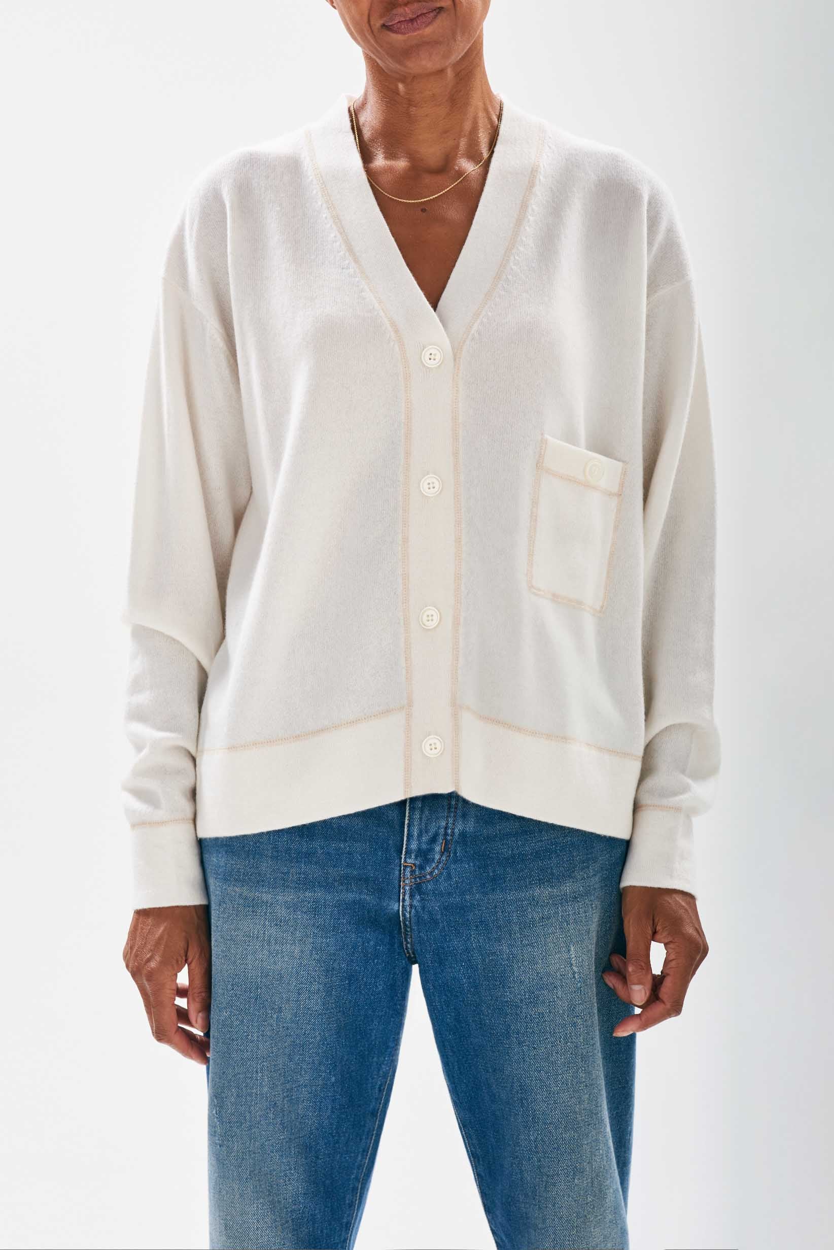 Jumper1234  Cream boyfriend vee neck cashmere cardigan with organic light brown top stitching detail and a pocket