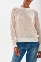 Model wearing Jumper1234 Mesh cashmere crew neck jumper in cream with contrast white ribs