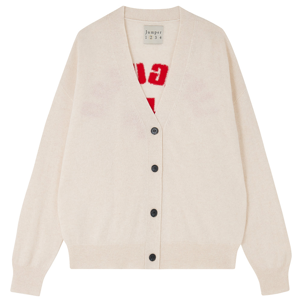 Jumper1234 oversize vee neck cashmere cardigan in oatmeal with red lifeguard intarsia on the back